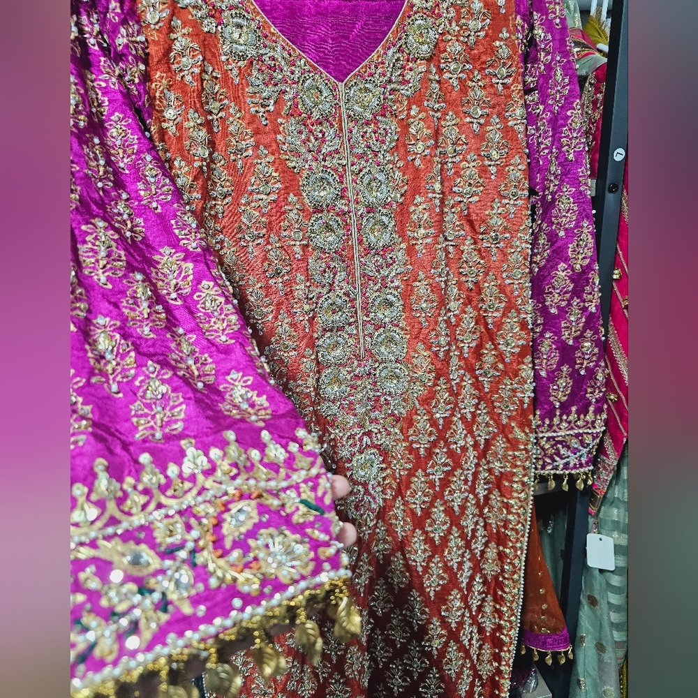 Embroidered Long Sleeve Women's Dress in Orange & Magenta